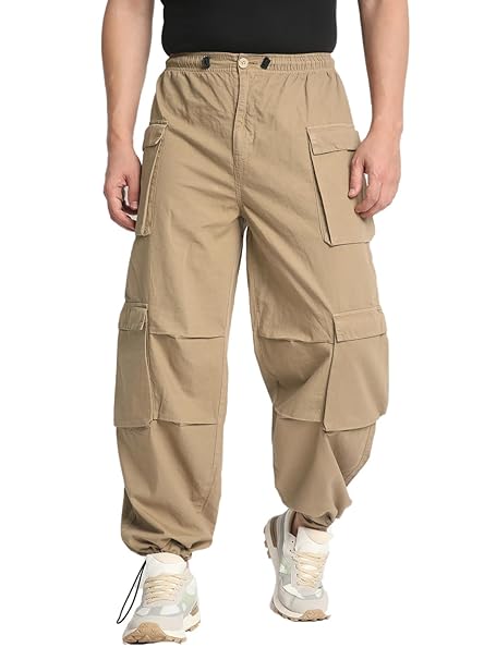 BENE KLEED Men Parachute Fit Pure Cotton Solid Cargo Trousers