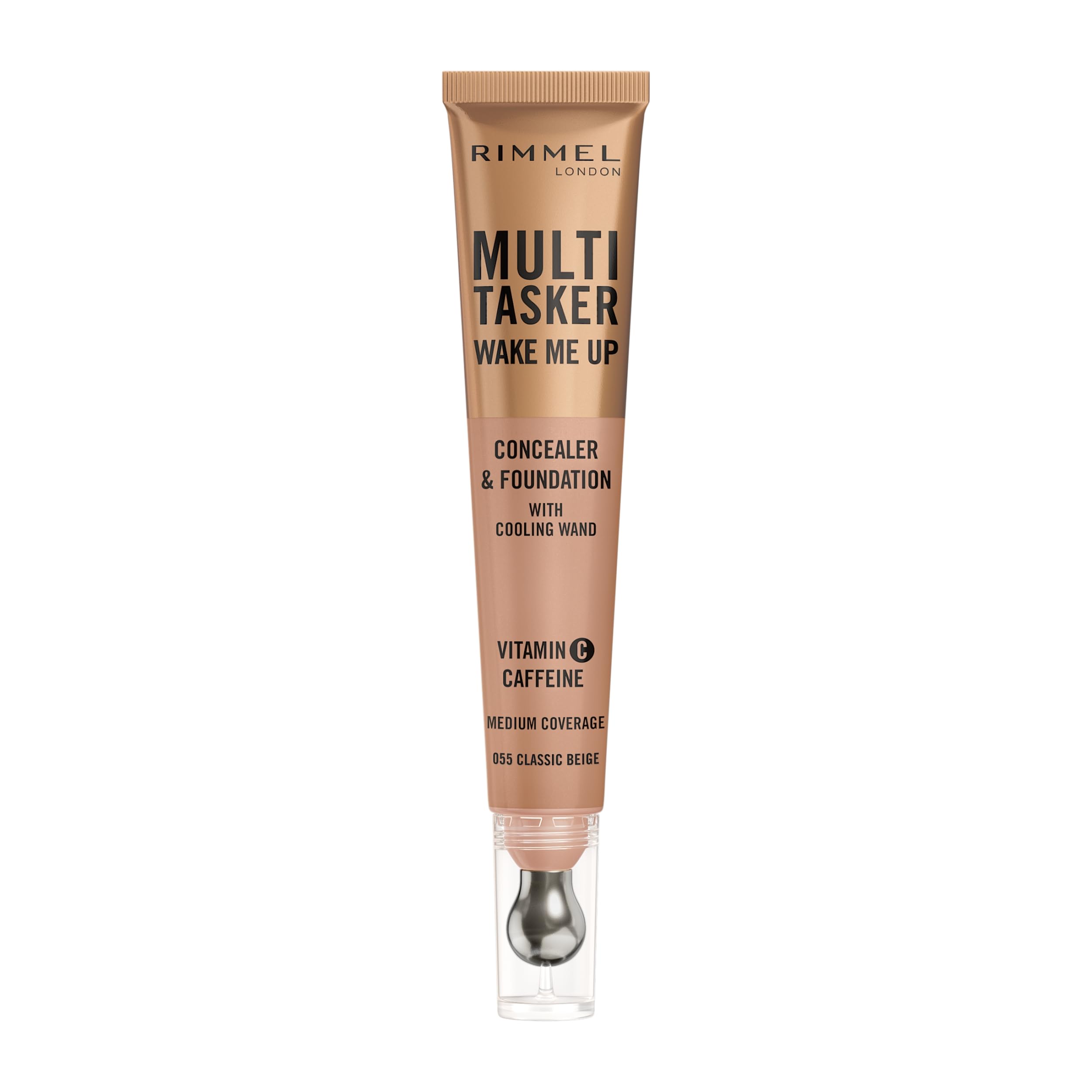 Multi-Tasker Wake Me Up Foundation & Concealer, 055 Classic Beige, Depuffs & Brightens Dark Circles, Metallic Cooling Applicator, Caffeine & Victamin C, 2% Niacinamide, Vegan, Cruelty free