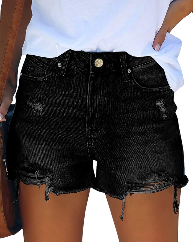 Womens Mid Rise Stretchy Cut Off Denim Shorts Distressed Ripped Jean Shorts