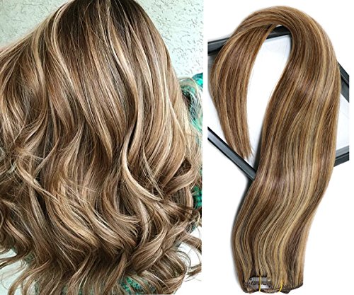 Clip in Human Hair Extensions 7 Pieces 70g Medium Brown with Strawberry Blonde Highlights Silky Straight Weft Remy Real Hair (22 inches, #4-27)