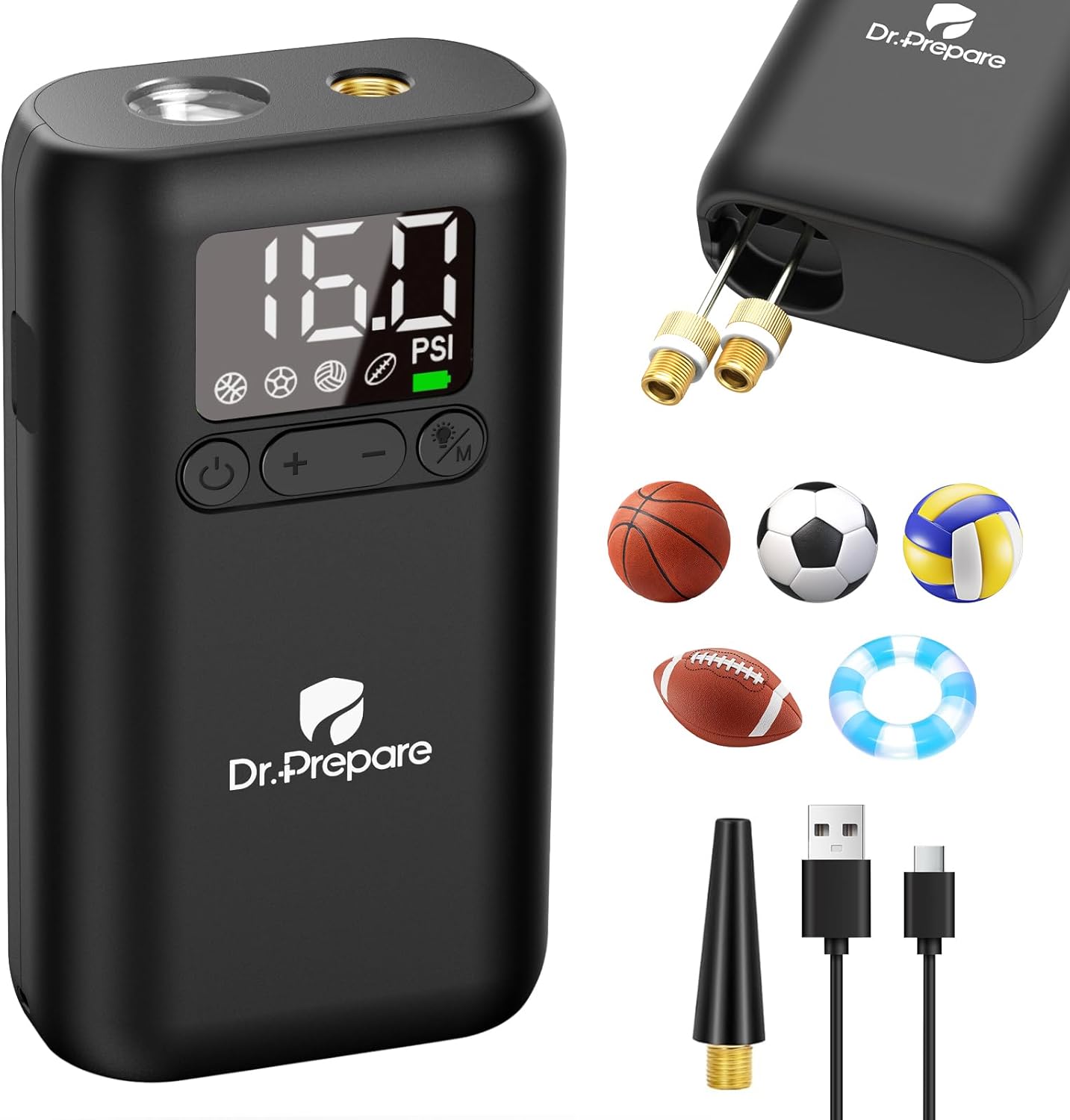 Dr.Prepare Bomba de aire portátil, inflado rápido con pantalla de presión, 16 PSI, apagado automático, luz LED, para pelotas deportivas, anillo de