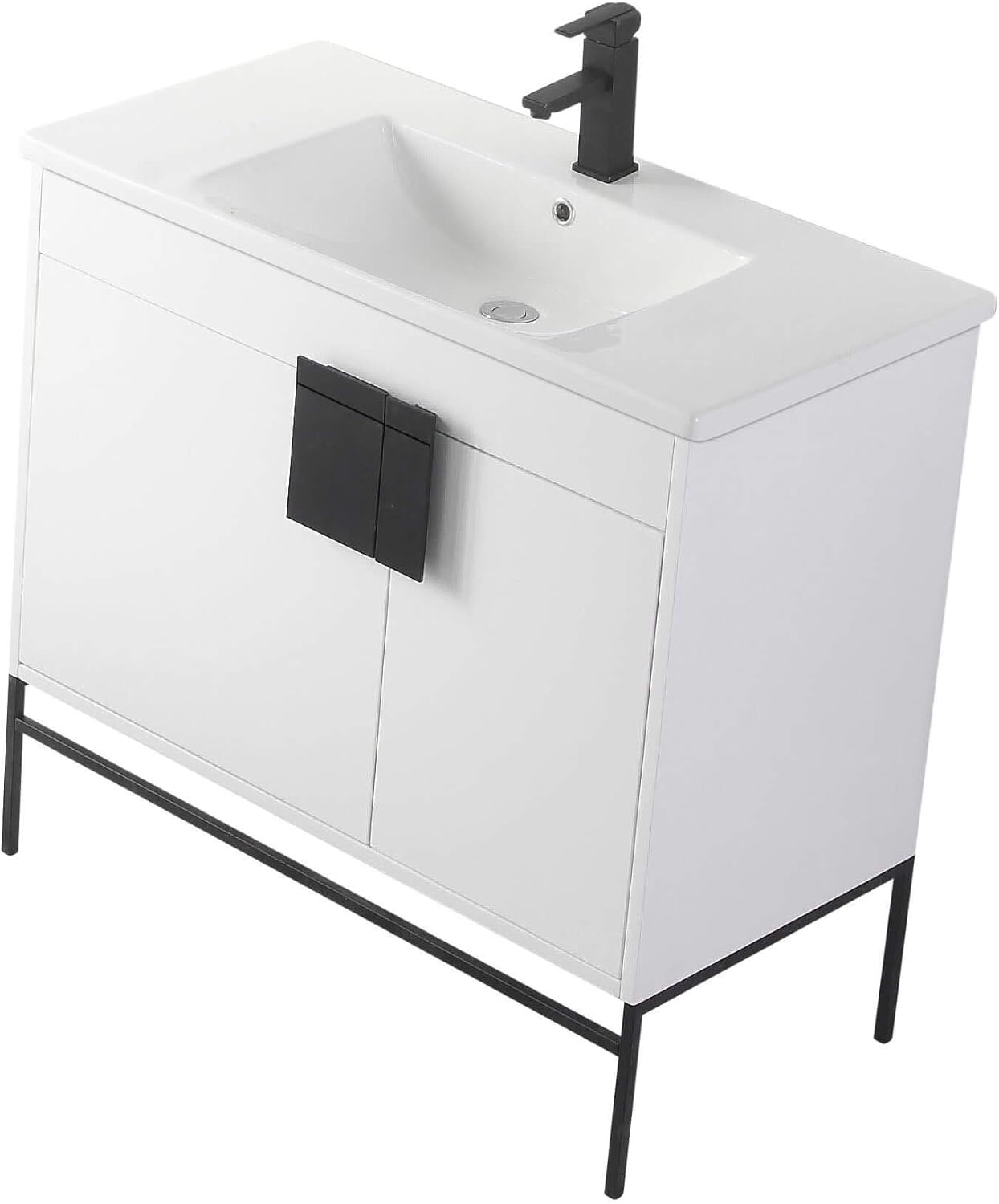 Fine Fixtures - Modern White 36" Bathroom Vanity Set, Black Matte Hardware, Vireous China Sink Top