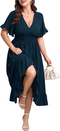 SHESTARR Women Plus Size V Neck Maxi Dress Short Sleeve Smocked Waist Ruffle Hem Flowy Summer Formal Wedding Guest Dresses