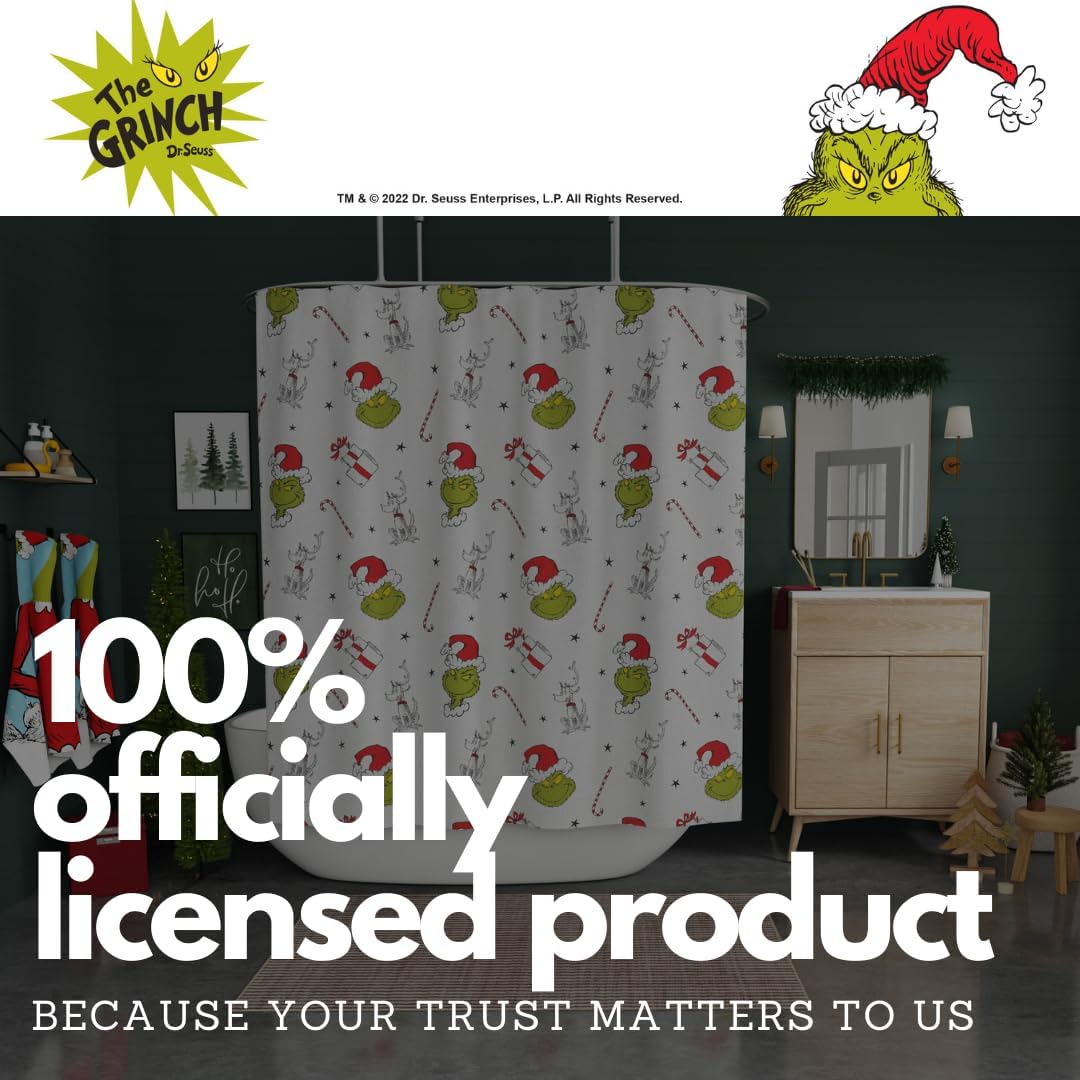 Grinch Gift Dreams Holiday Christmas13-Piece Shower Curtain Set, 72 x 72 Inch Fabric Curtain with Hooks, Bathroom Decor, Machine Washable, (100% Officially Licensed Product) by Franco Collectibles