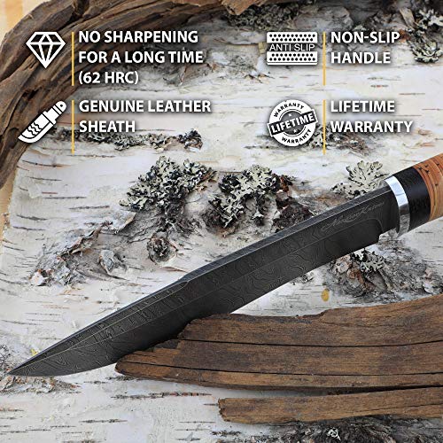 Hunting Knife - Damascus Knife - Birchbark Handle - Siberian - Fixed Blade Knife #TOP2