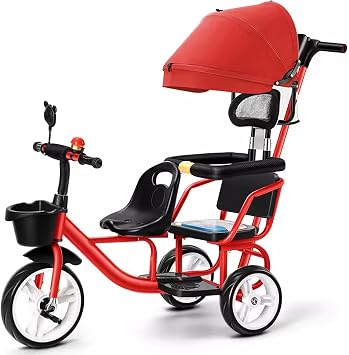 Twin Stroller Trike for Kids,Tricycle Stroller,Two-Seater Pedal Bicycle with Spacious Rear Adjustable Seat/Removable Rear Push Handle/Enlarged Pedals,Red,Style 4