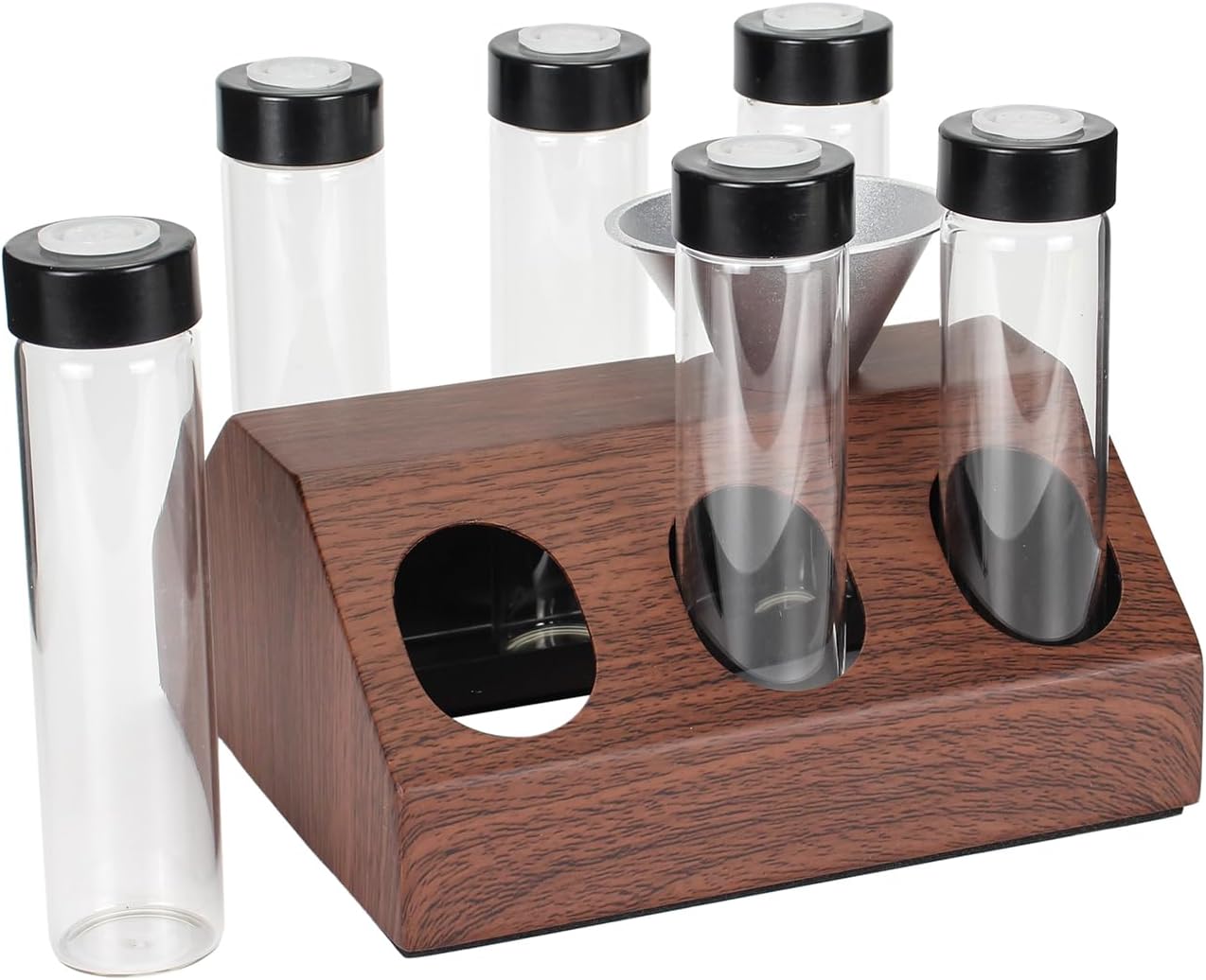 DIBTSA Coffee Bean Cellars, 6 Single Dose Espresso Beans Storage Container Tubes with One-Way Exhaust Valve, Display Stand and Mini-hopper
