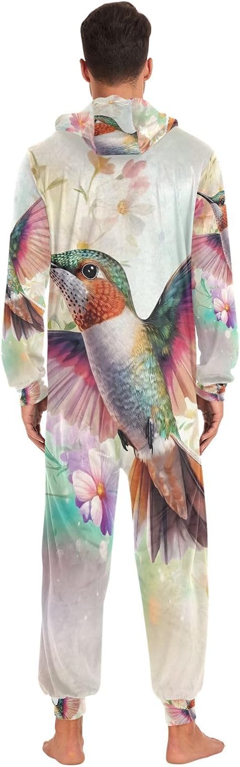 Hummingbird Bird Spring Flowers Unisex Adult Onesie Pajamas Comfy One Piece Costume Jumpsuits Novelty Sleepwear Homewear for Men Women