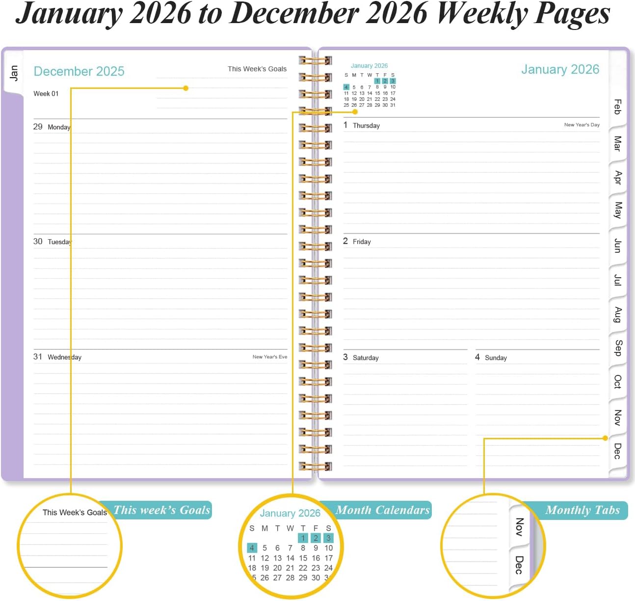 2026 Planner - Weekly and Monthly Calendar Planner from Jan 2026 - Dec 2026, Planner 2026 Spiral Bound with 12 Monthly Tabs, Inner Pocket, Perfect for School Office Supplies, 6.4" x 8.5", Purple image 3
