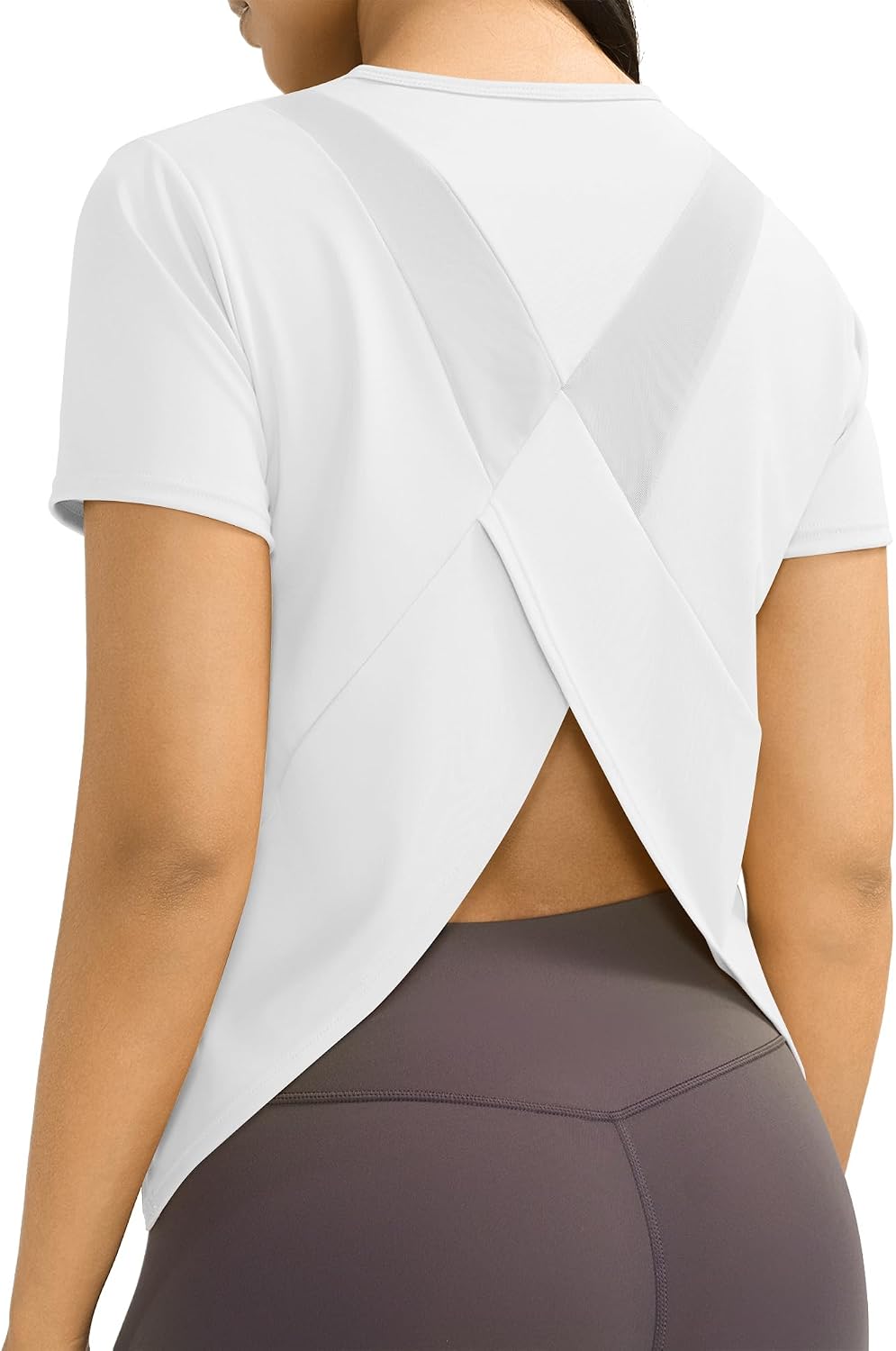Ama Larsi Short Sleeve Workout Tops for Women Athletic Gym Split Back Breathable T Shirts Loose Fit Yoga Tops