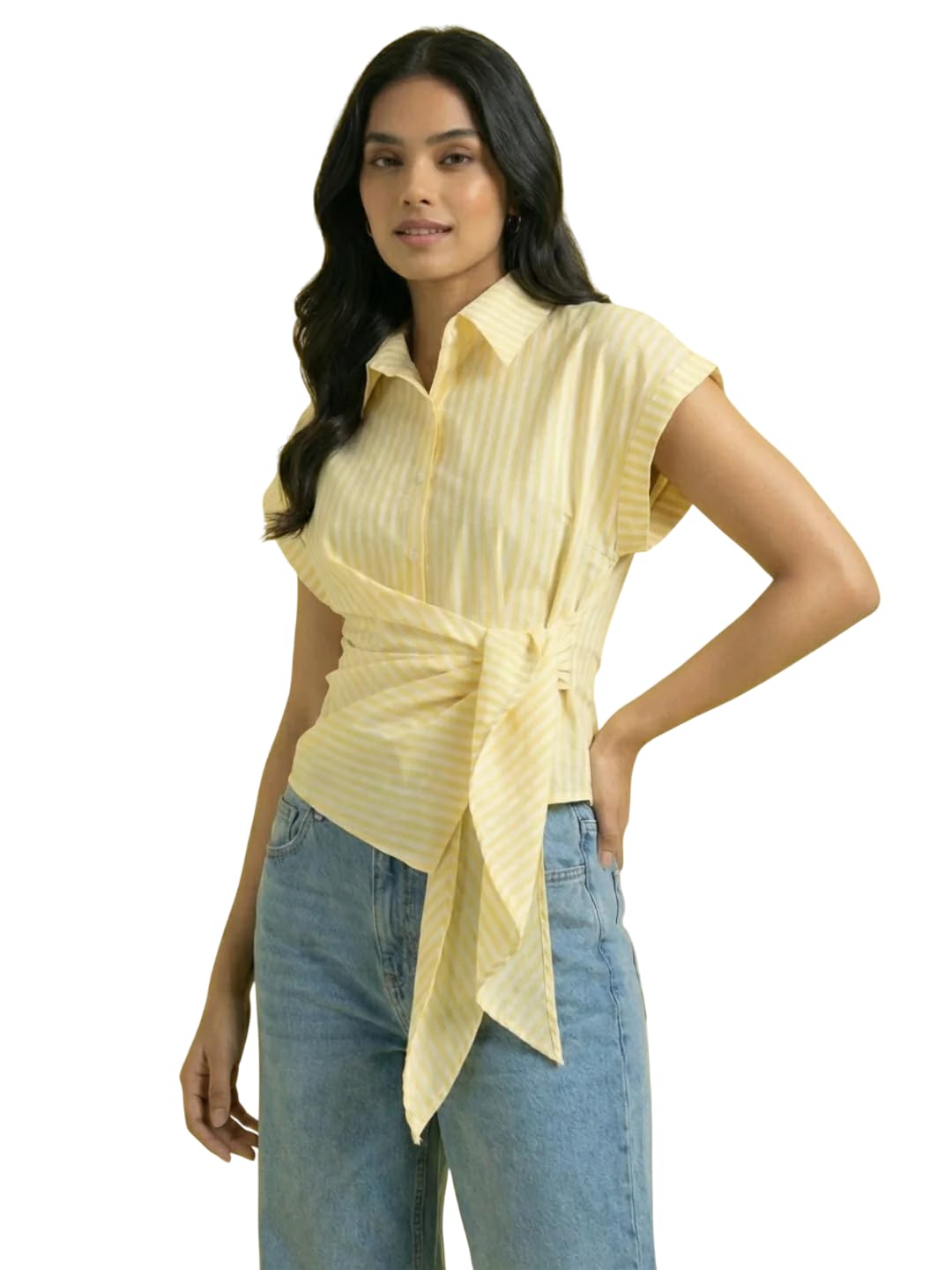 Women Striped Wrap Style Cotton Shirt Drop Shoulder Casual Wear-picture-53