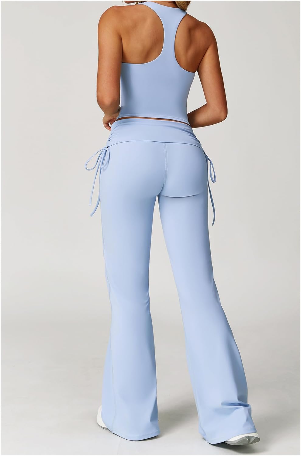 Women’s Workout Set 2 Piece, Women’s Workout Set Flare Pants and Halter Crop Tank, Ruched Skirted Waist