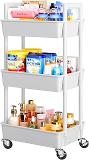 Pipishell PIUC14W 3-Tier Plastic Rolling Utility Cart with Lockable Wheels & Reinforced Handle - White Organizer for Kitchen, Nursery, Bathroom