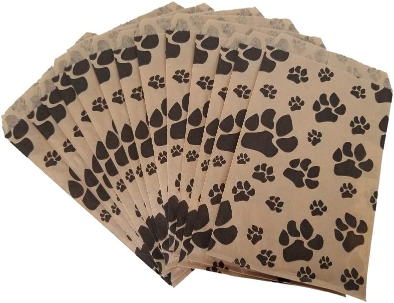Best Seller 100 Bags Flat Plain Paper or Patterned Bags for candy, cookies, merchandise, pens, Party favors, Gift bags (4 x 6, Paw Print)