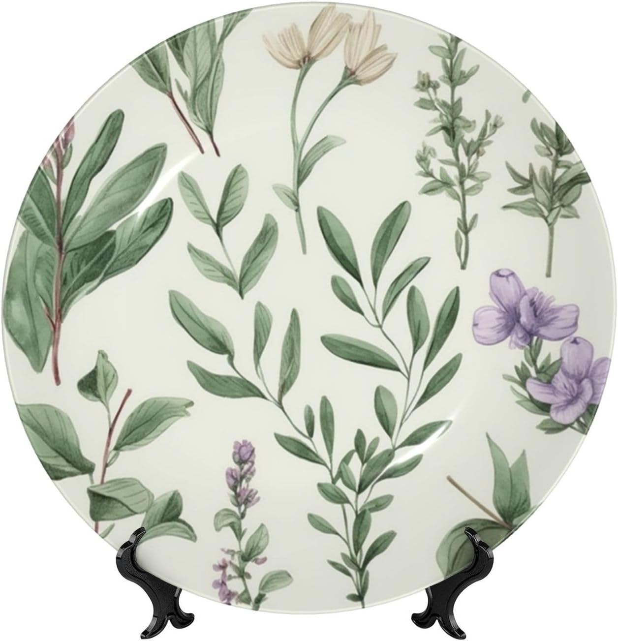 10in Bone China Decorative Plate Art Ceramic Decorative Plate With Display Stand Green Flower Herb Sage Leaves And Branches Handmade Ceramic Ornament For Home Office Wall Decor