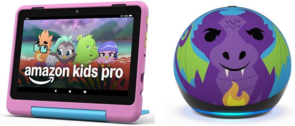Amazon Kids Entertainment Device Bundle Including Fire HD 8 Kids Pro Tablet (32GB, Jungle Cat) + Echo Dot Kids (Dragon)