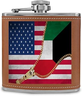 Kuwait flag America flag zipper Hip Flask Portable Stainless Steel Wine Flask Drink Alcohol Bottle 6 oz Party outdoor Camping Durable Leather Covered