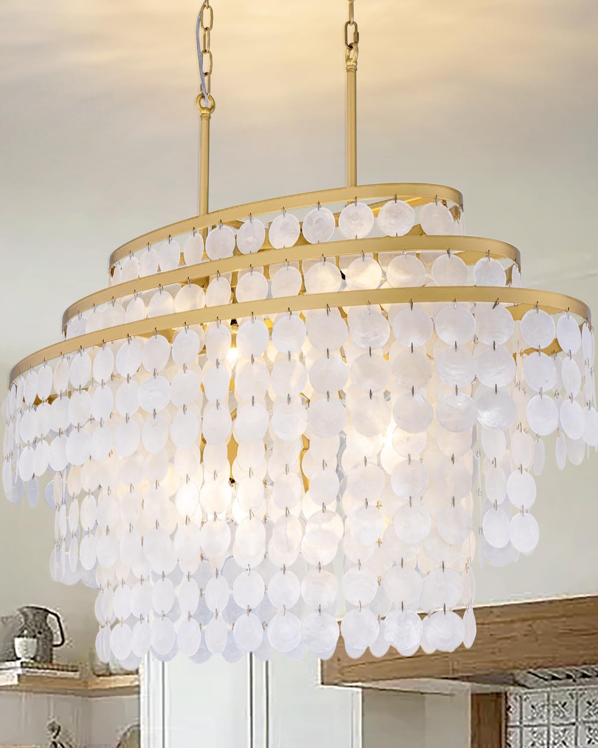 Wellmet Chandelier for Dining Room,Modern Coastal Chandelier Gold, Capiz Shell Light Fixture, Boho Pendant Lights Over Kitchen Island, Living Room Ceiling Lighting 40 Inch