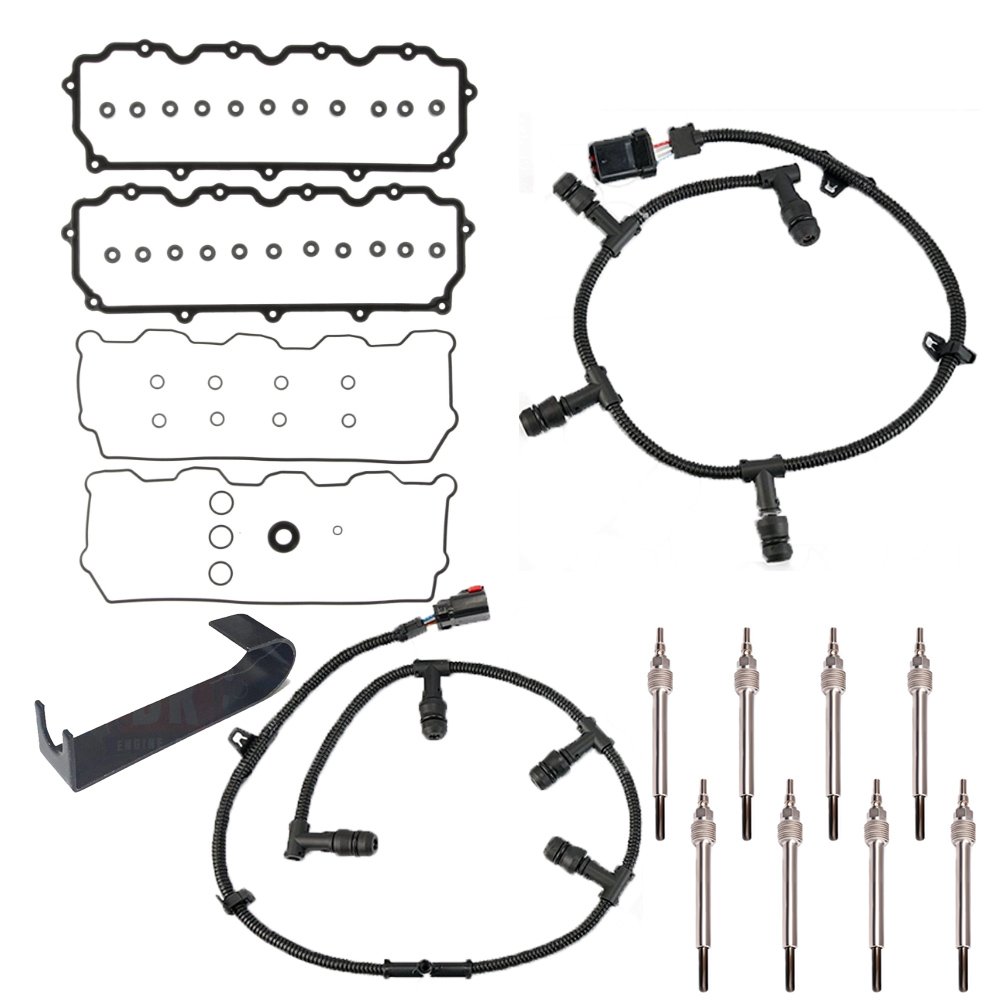 Glow Plug Kit - Fits Ford 6.0L Powerstroke 2004.5-2010 Glow Plugs Removal Tool Glow Plug Harness Valve Cover and Rocker Box Gaskets - DK Engine Parts