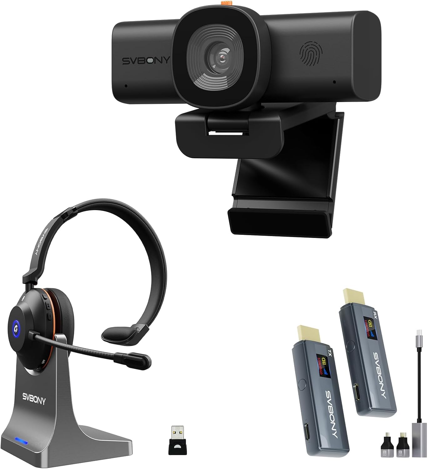 SVBONY Personal Office Kit, 2K Webcam with 2 AI Mics & Privacy Cover, Wireless Headset with ENC Noise Canceling & Charging Base, Wireless HDMI Transmitter Receiver for Meeting, Streaming, Call Center