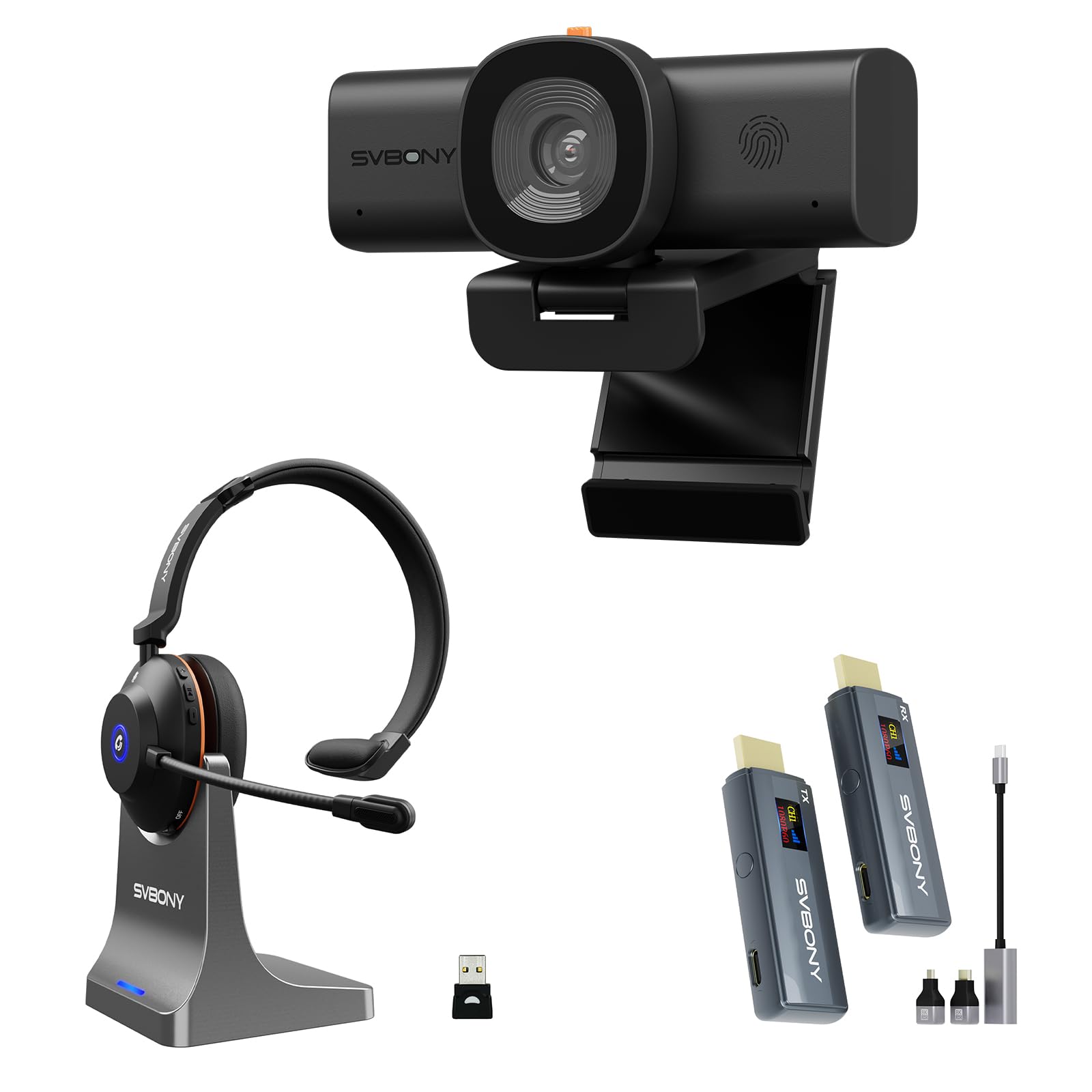 Svbony Kit Videoconferenza Wireless Completo: Trasmettitore HDMI 1080P 80m, Webcam 2K con AI Noise Reduction, Cuffie Bluetooth con Microfono e Base di Ricarica, Plug & Play per Smart Working e Ufficio