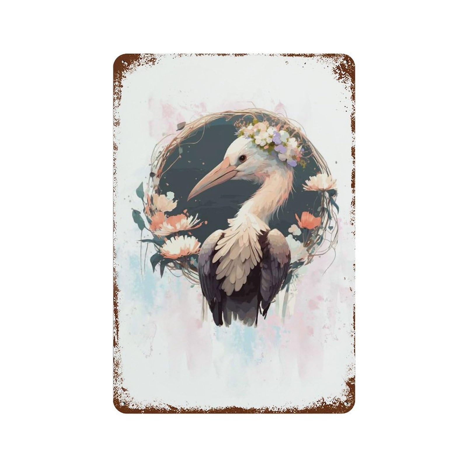 Floral Watercolor Stork Distressed Metal Wall Sign 11.8"x7.9", Rustic Home Decor for Living Room, Hallway And Home Decor