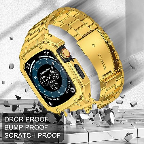 Image of BAITEYOU Stainless Steel Watch Band with Case Compatible with Apple Watch Series SE 3 2 1 /6 5 4 (44mm), Series 3 2 1 (42mm), Metal Protective Bumper Rugged Cover for iWatch Bands Men (Gold)