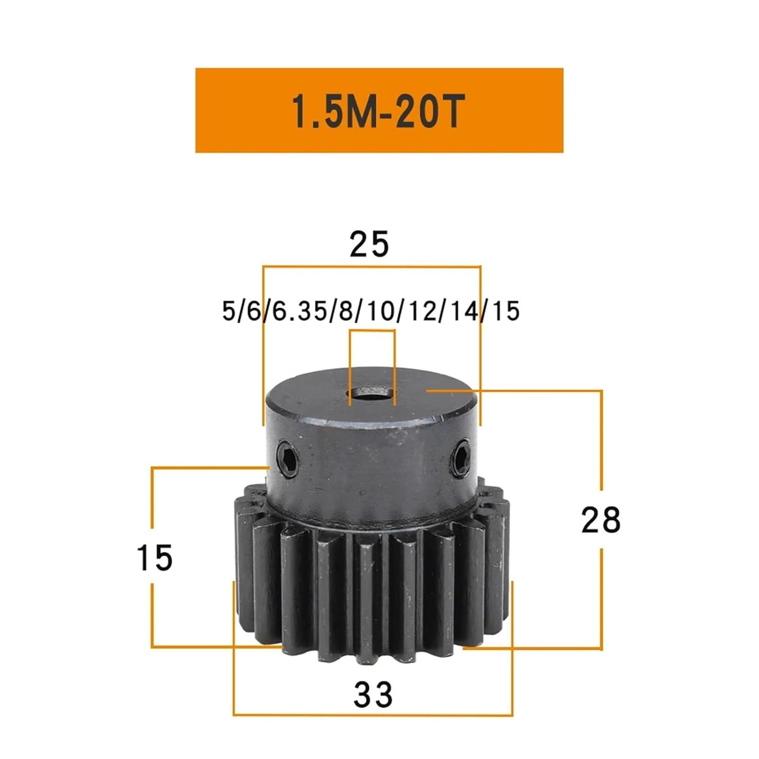 1pc Spur Gear 1.5 Module-20T Blackening SC45#Carbon Steel High Frequency Quenching Gear Bore Size 5/6/6.35/8/10/12/14/15 mm(8-10x3x1.4 mm)