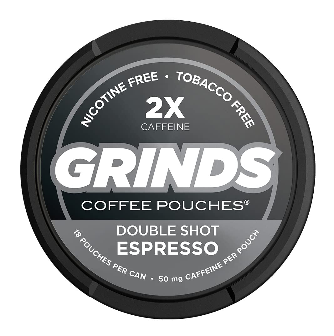 Grinds Coffee Pouches | 5 Can Sampler | Double Shot Espresso, Irish Cream, New Orleans, Double Mocha, Caramel | Tobacco Free, Nicotine Free Healthy Alternative | 1 Pouch eq. 1/4 Cup of Coffee
