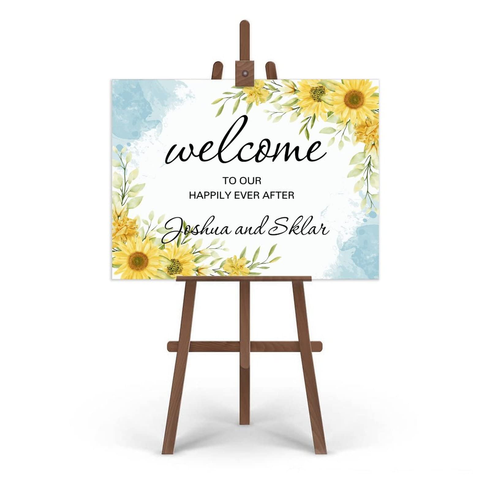 Niestandardowy ślubny znak powitalny Welcome to Our Happily Ever After drewniany znak ślubny spersonalizowany słoneczniki kwiatowa dekoracja drewniany znak przyjęcie weselne plakat na ceremonię