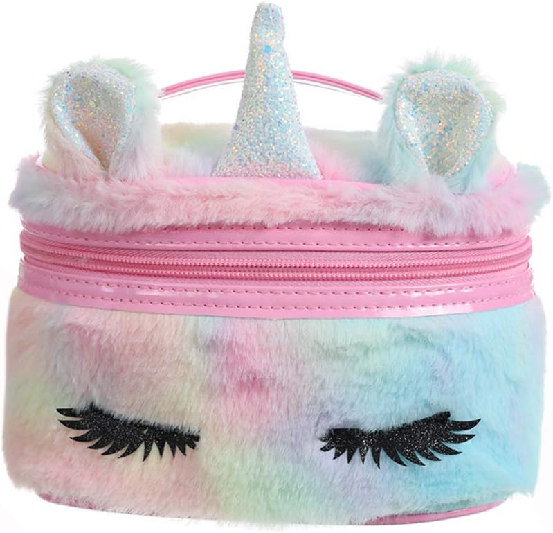 Women Girls Kids Fluffy Faux Fur Unicorn Makeup Bag Small Cosmetic Organizer Plush Travel Storage Bags Toiletry Kit Case