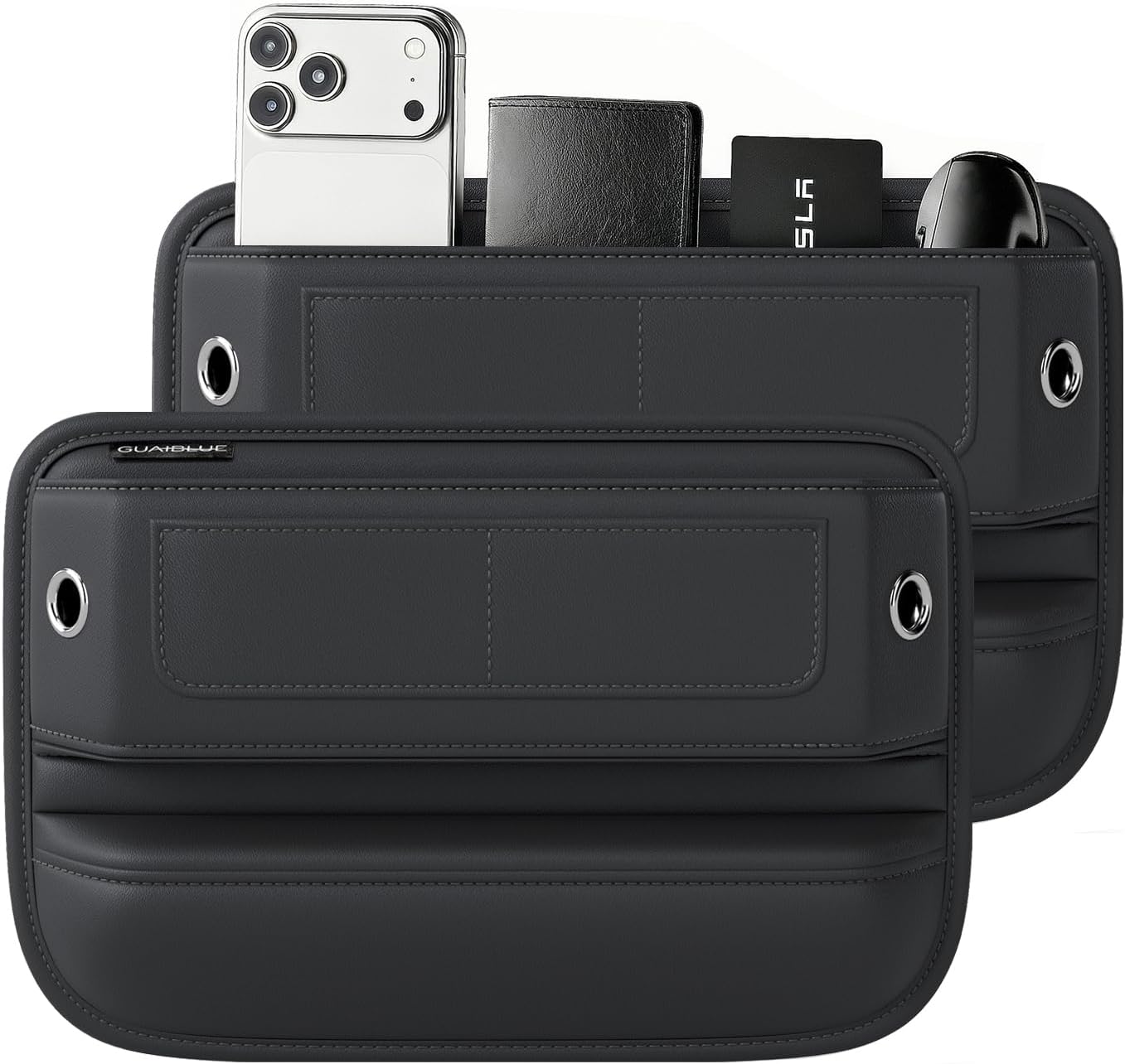 2 Pack Car Seat Gap Filler, Leather Seat Gap Organizer with Sun Visor Organizer, Front Seat Storage for Phone, Sunglasses, Cards and Keys, Fits Most Cars SUVs and Trucks