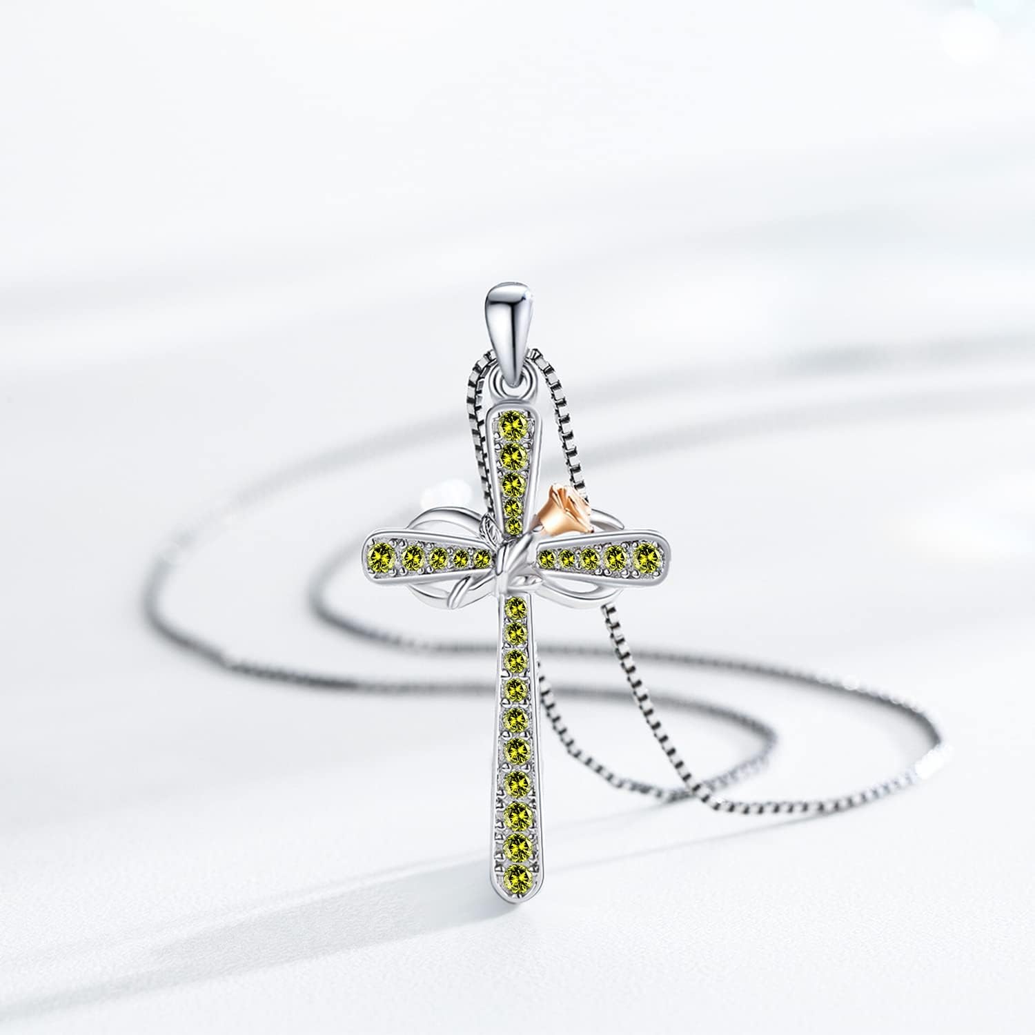 TwoAnts Cross Necklace for Women Sterling Silver Birthstone Pendant Necklace Rose Flower Infinity Cross Necklace Christian Religious Jewelry Birthday Gifts for Women Girls Daughter Friends