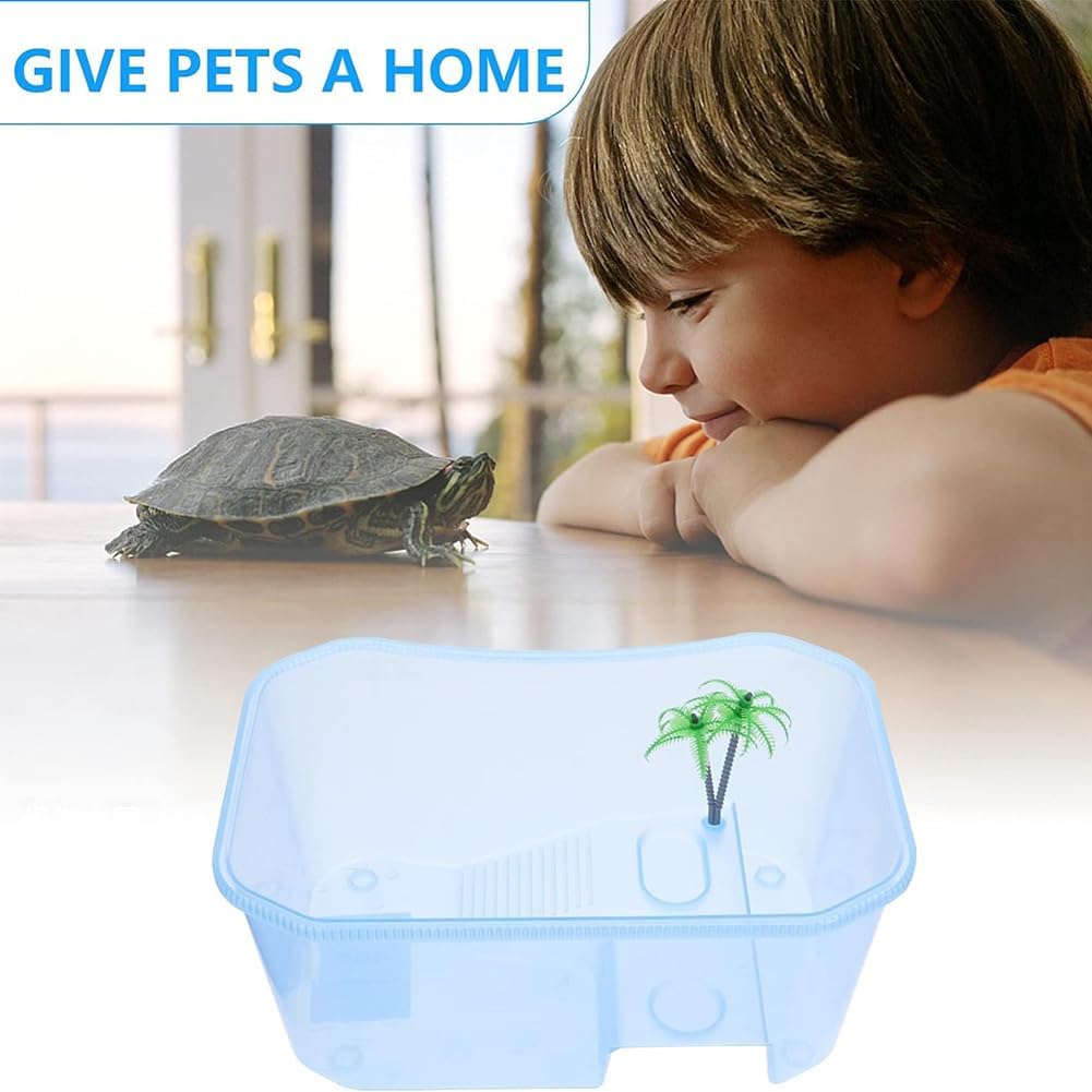 Open Turtle Tank, Tortoise Habitat, Turtle Feeding Box, Turtle Perching Case with Divided Area, Easy to Drain, Reptile Aquarium Tank for Turtle/Horned Frog, Temporary Fish Tank,Black