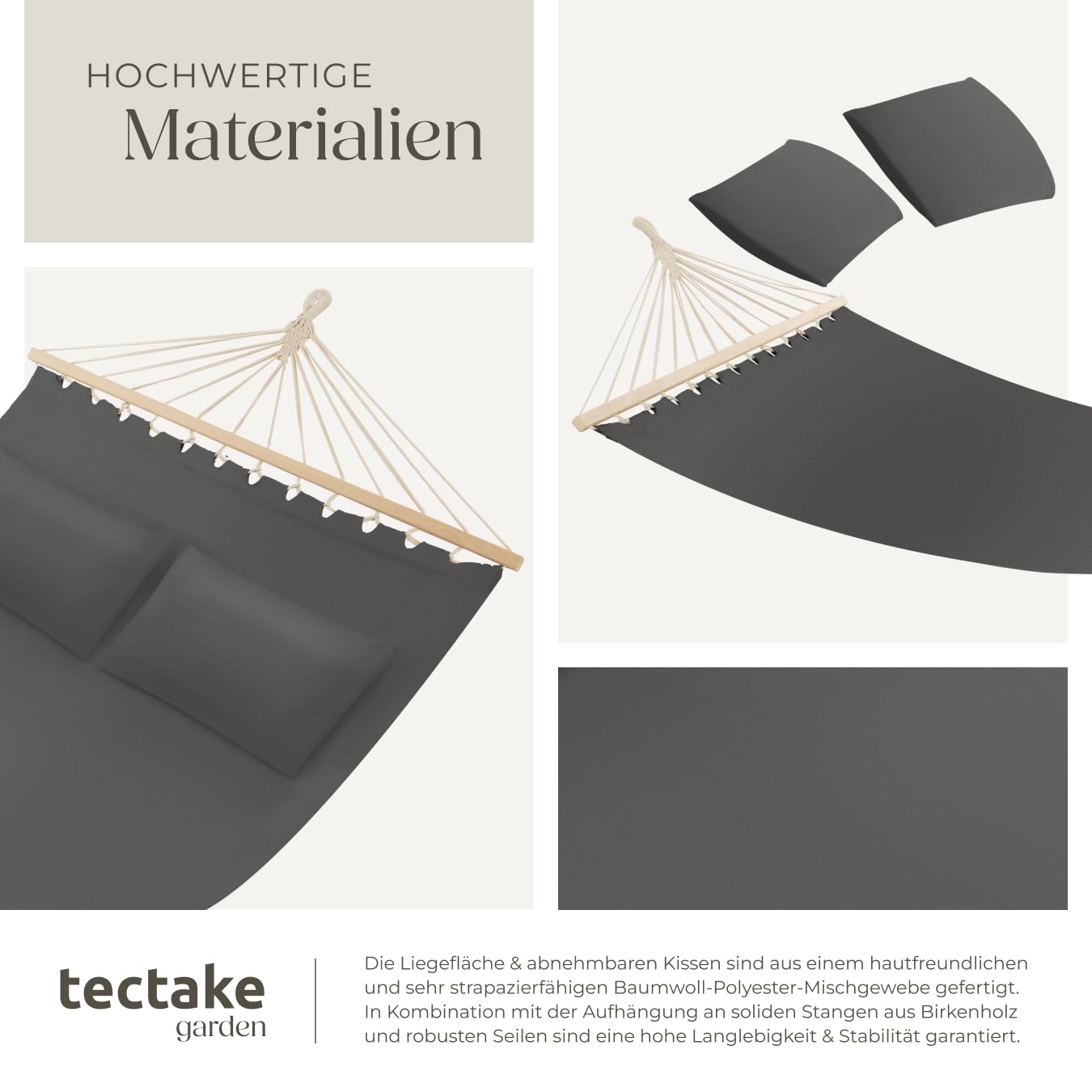 tectake® Doppel Hängematte Outdoor, XXL Stoff Schaukeltuch, Sonnenliege 2 Personen inkl. Kissen, Schaukel Outdoor mit Liege Fläche ca. 230x145cm, bis 240kg belastbar, Hängeschaukel - dunkelgrau