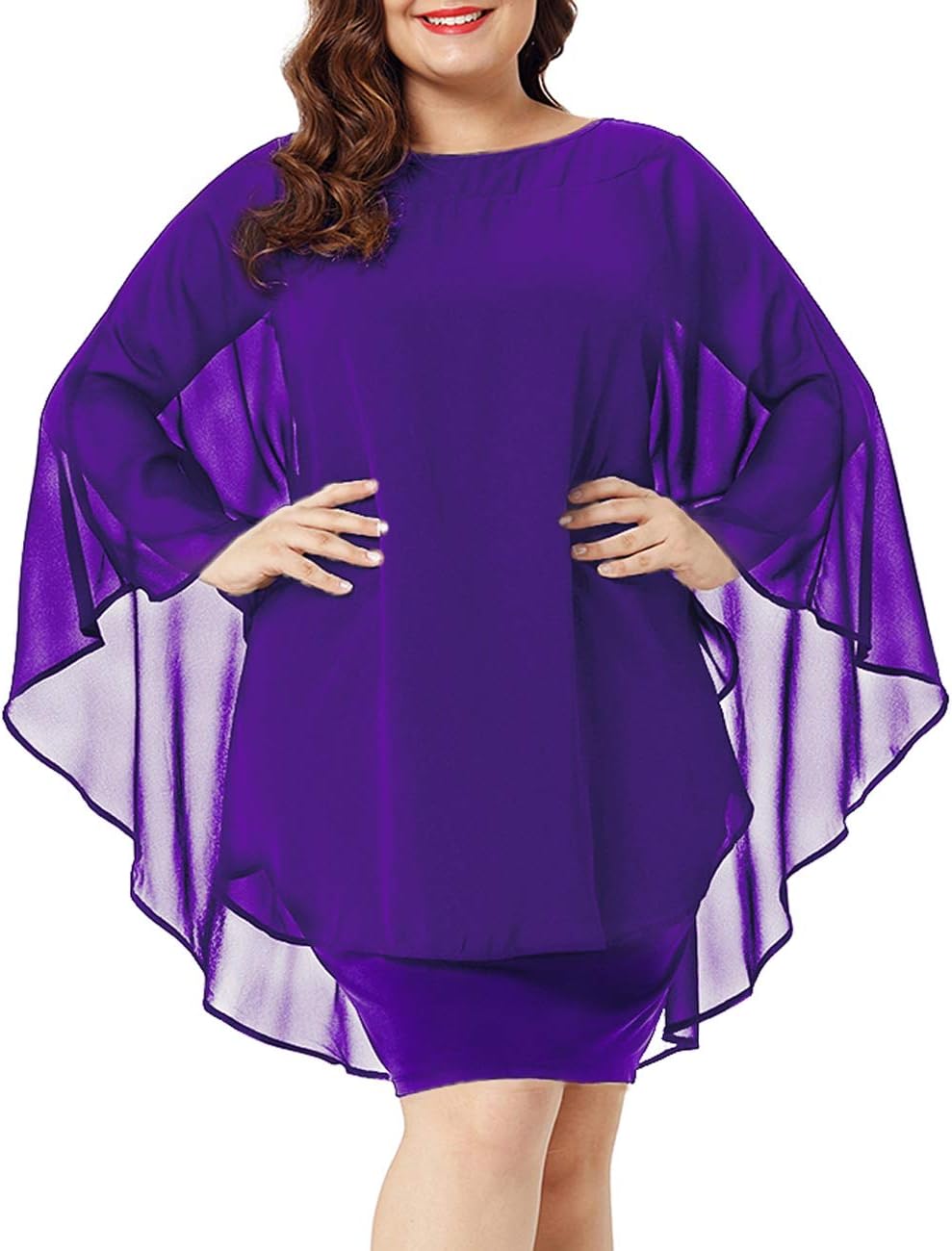 Urchics Womens Casual Chiffon Overlay Plus Size Cocktail Party Knee Length Dress Purple XXXL
