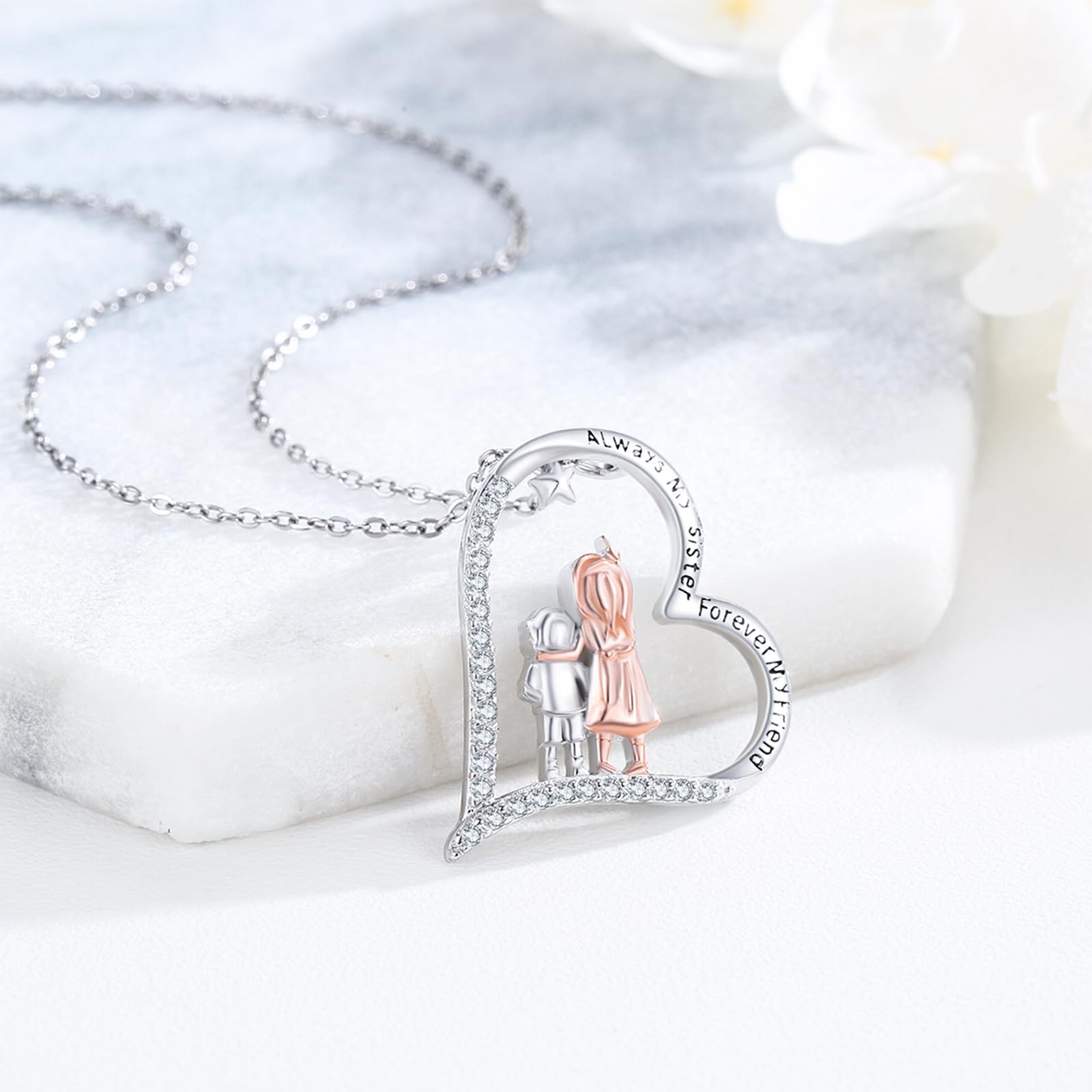 TANGPOET Schwester Halskette 925 Sterling Silber Schwester Anhänger Herz graviert, Schwestern Kette, Geburtstagsgeschenke für Schwestern Sie