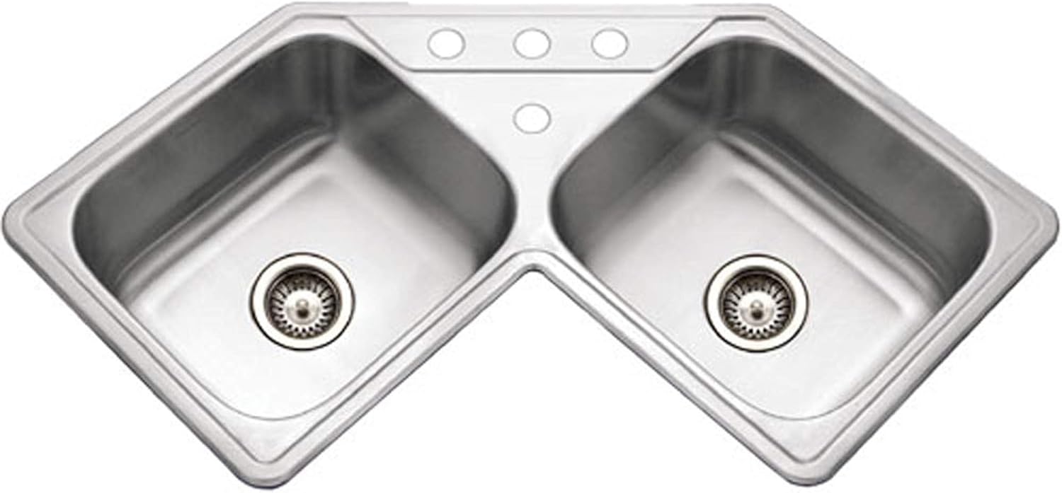 Houzer Legend Stainless Steel Kitchen Sink: 32 Inch Topmount 4-Hole 50/50 Double Bowl Corner Kitchen Sink with Strainer & Grid, Durable & Versatile, Essential for Home & Apartment: LCR-3221-C