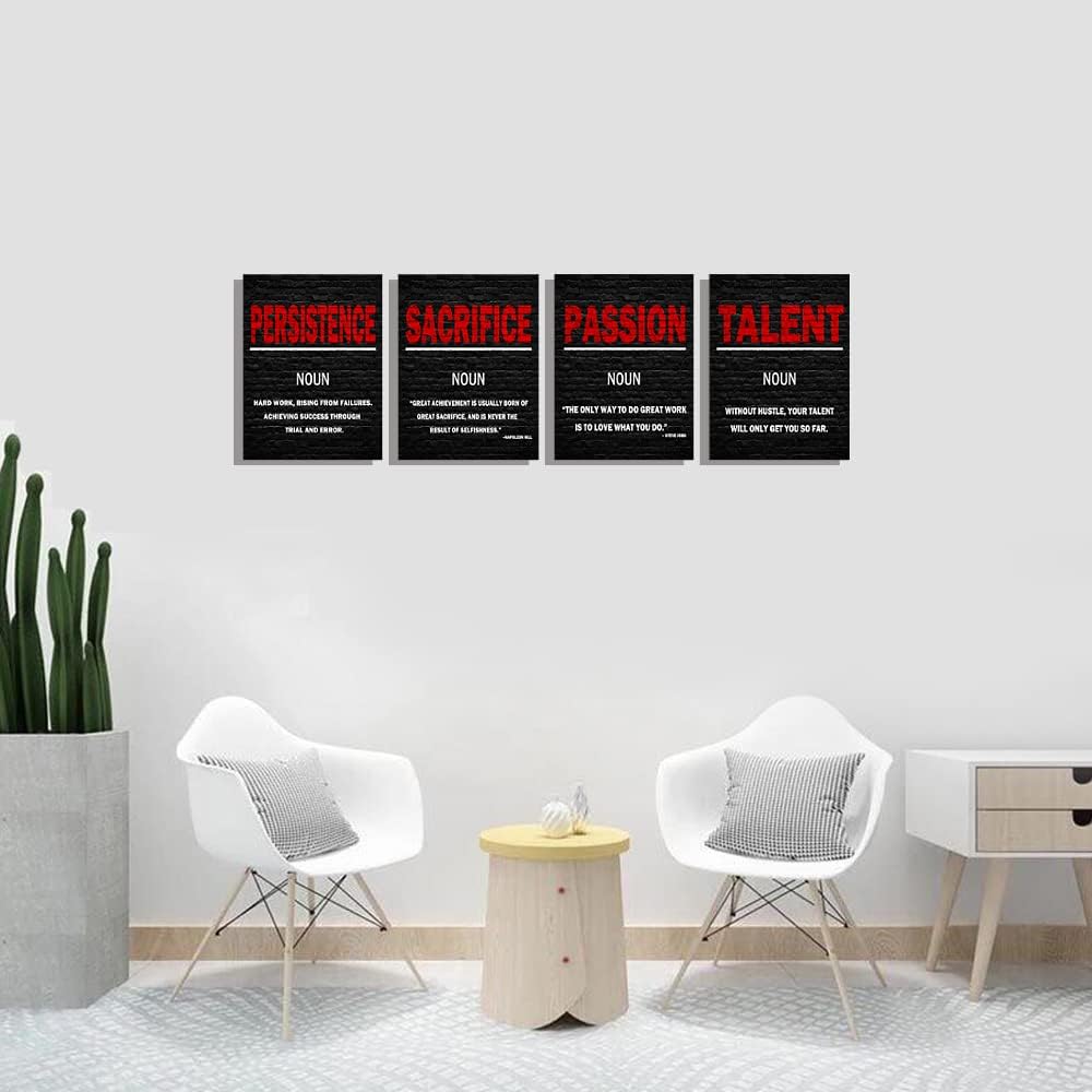 Motivational Wall Art PATIENT TALENT PERSISTENCE SACRIFICE Red Black Canvas Print Inspirational Posters Framed Canvas Art for Office Wall Decoration Rustic 4pcs/set