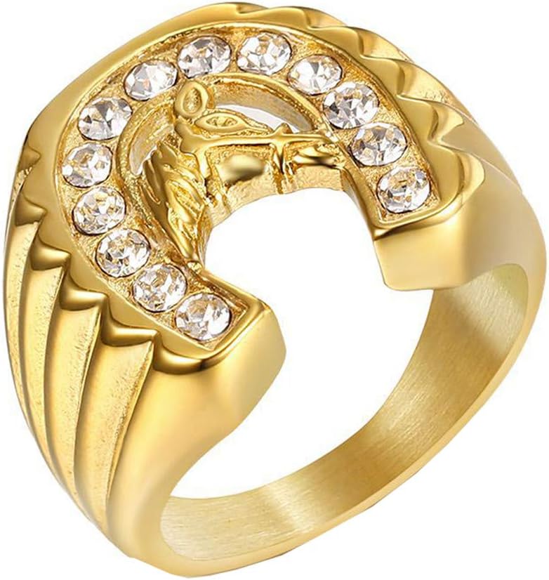 PAMTIER Men's Stainless Steel Vintage Hip Hop Punk Iced Out Round CZ Horse Biker Ring