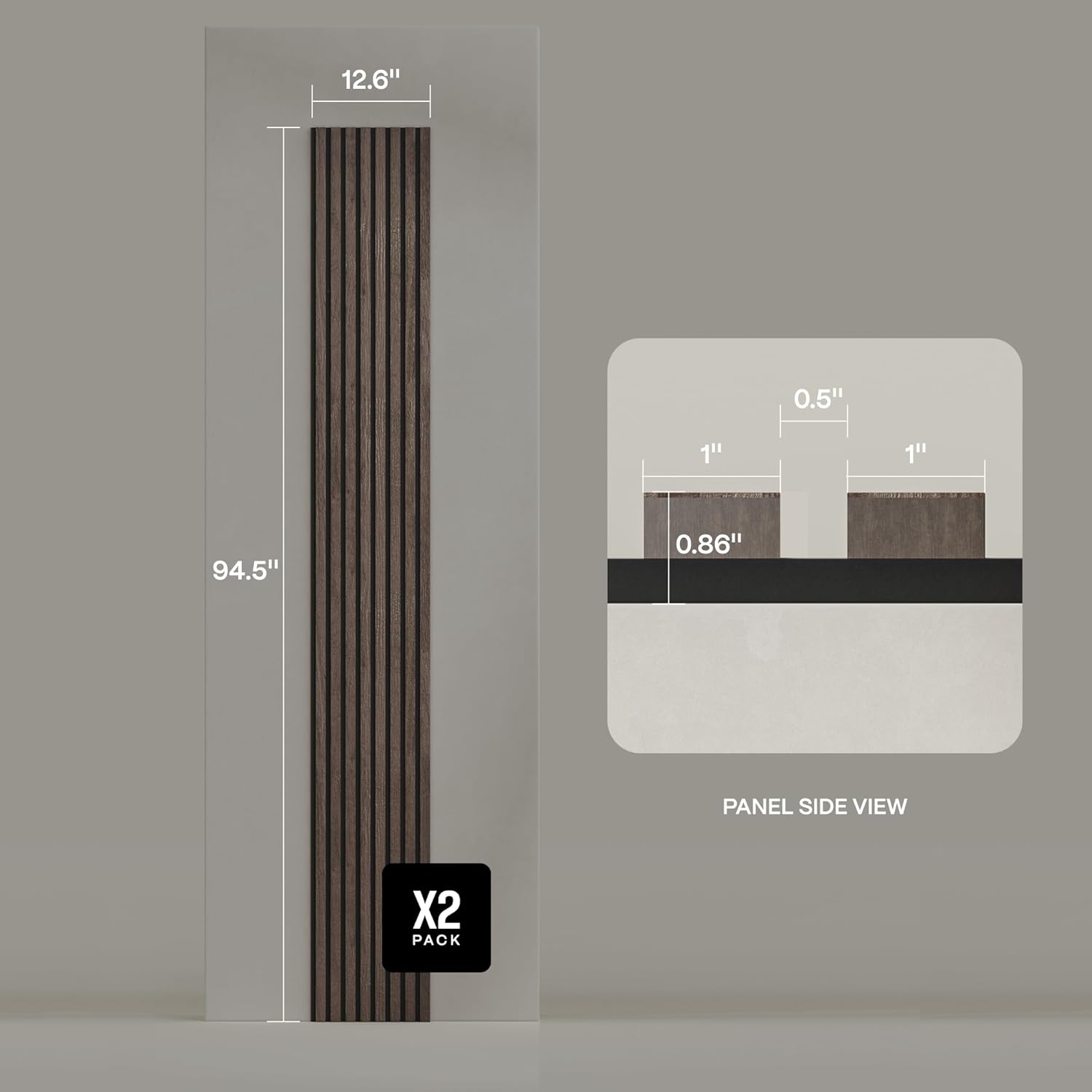 2-Pack Acoustic Wood Slat Panels - Soundproof Wall Paneling for Interior Decor 2pcs - 94.5x12.6 inches Dark Walnut