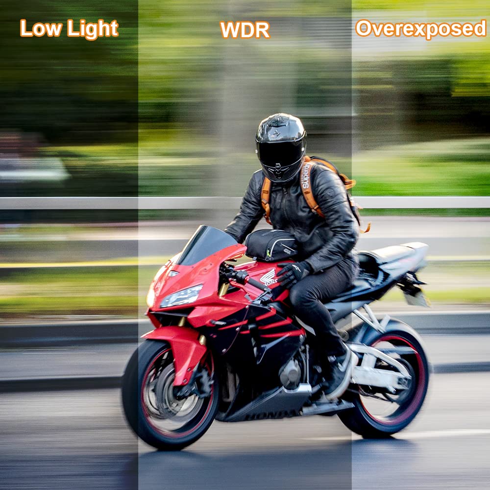 VSYSTO Enregistreur de Moto avec Trois Capteurs de Pression des Pneus Double Caméra Avant et Arrière 1080P Écran de 4,0 Pouces Wi-FI GPS WDR Étanche (6 Couches de Verre + 150° Grand Angle)