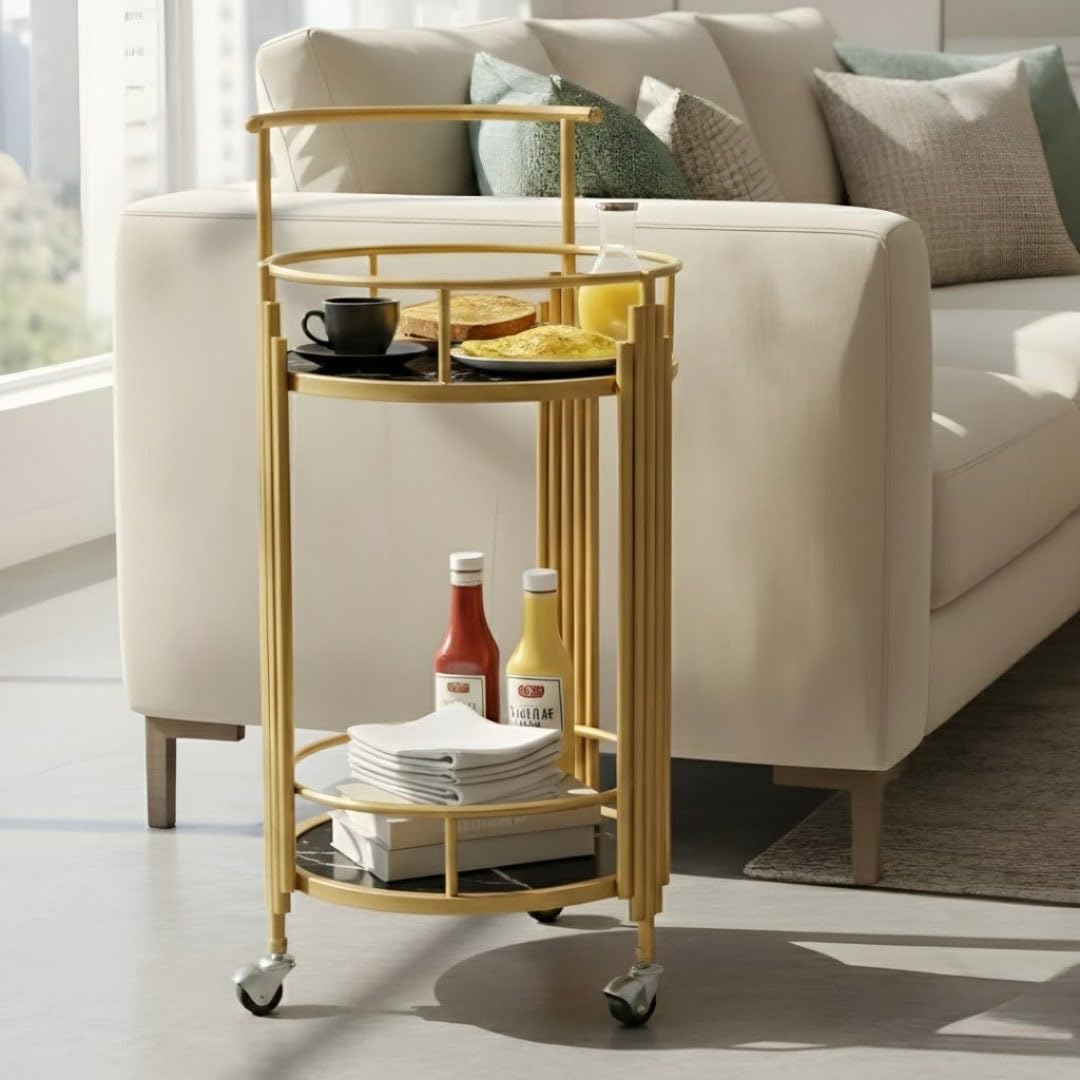 2-Tier Metal Serving Trolley with Wheels – Modern Rolling Bar & Coffee Cart Gold Black-image-44