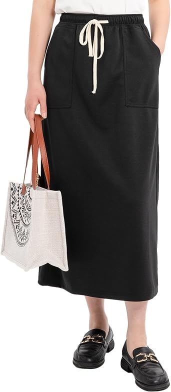 ThCrease Womens Fall Winter Elastic Waisted Maxi Skirts Fleece Lined A Line Long Skirt with Pockets