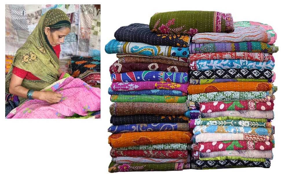 Gajanad Artistry 4 Piece Handmade Indian Vintage Kantha Quilts Reversible Bohemian Home Decor Blanket – Assorted Color Twin Size 85X55 Inches