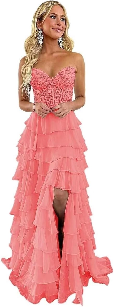 Tiered Prom Dresses 2026 for Women Long Corset Ruffle Strapless Formal Evening Gown