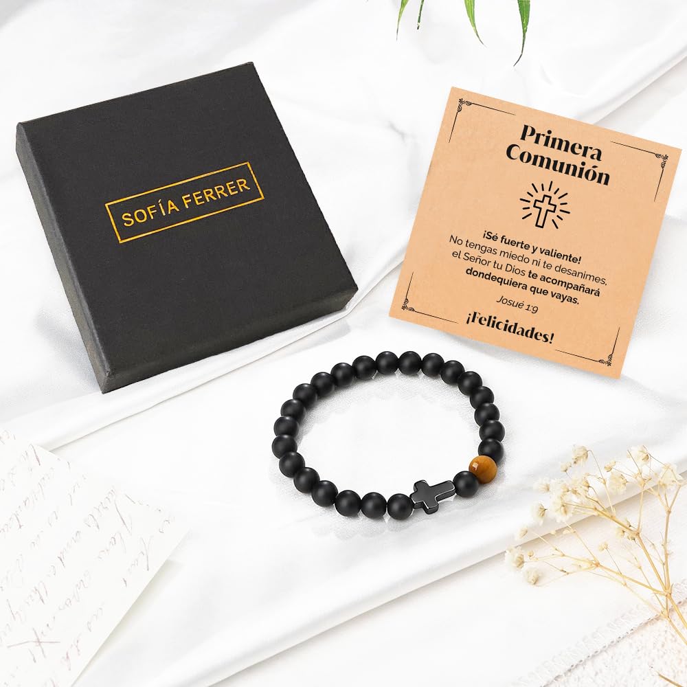 Pulsera Cruz Comunión Niño Piedras Naturales Ajustable Primera Comunión