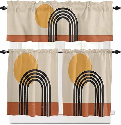 Juego de cortinas semitransparentes con bolsillo para barra, cenefa y niveles de 36 pulgadas de largo, cortinas de arte abstracto de sol y arco