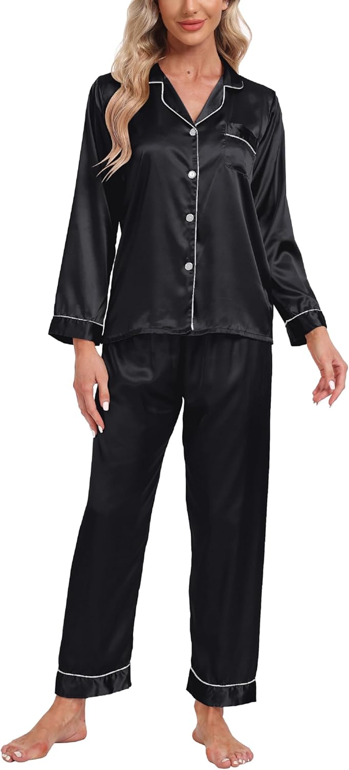 Women's Satin Pajamas Set 2 Piece Pj Set Sleepwear Notch Collar Long Sleeve T-Shirt Button-Down Loungewear with Long Pants - Image 2