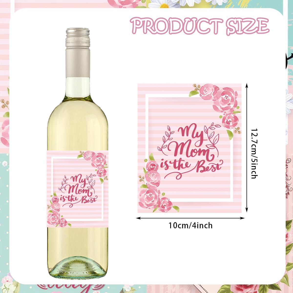 24 Pcs Happy Mother's Day Wine Label Bottle Stickers Champagne Bottle Colorful Rose Flower Design Decorative Stickers for Mom's Birthday Party Supplies Decoration